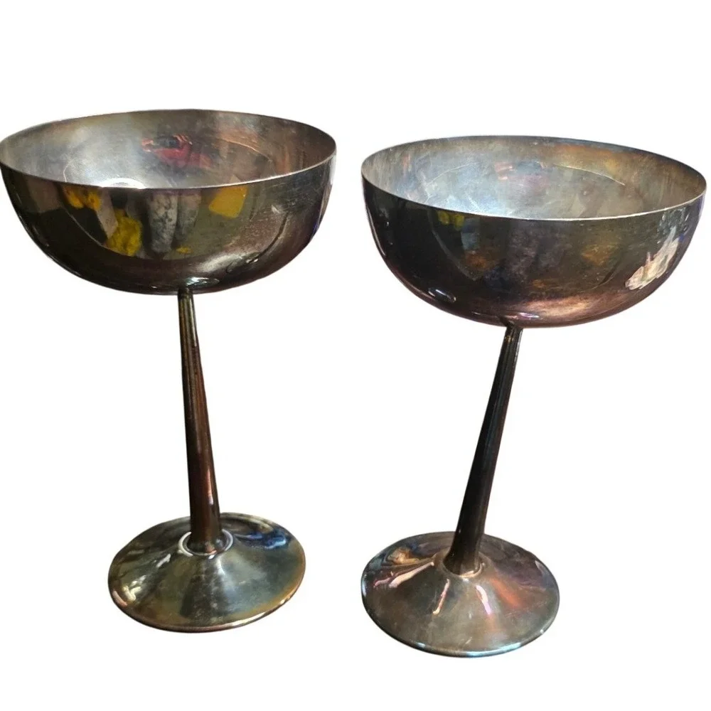 Silverplate Goblets Pair Vintage Mid Century Modern Style Tarnish Silver